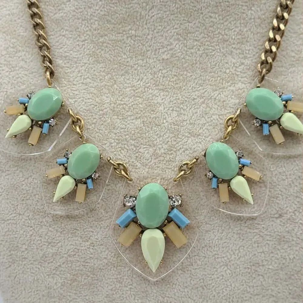 J Crew Clear Lucite with Multi Colored Stones Blue Tan White